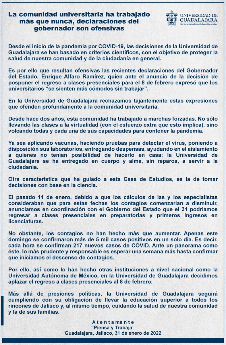 La Máxima Casa de Estudios destaca que resultan ofensivas las recientes declaraciones de Enrique Alfaro Ramírez
